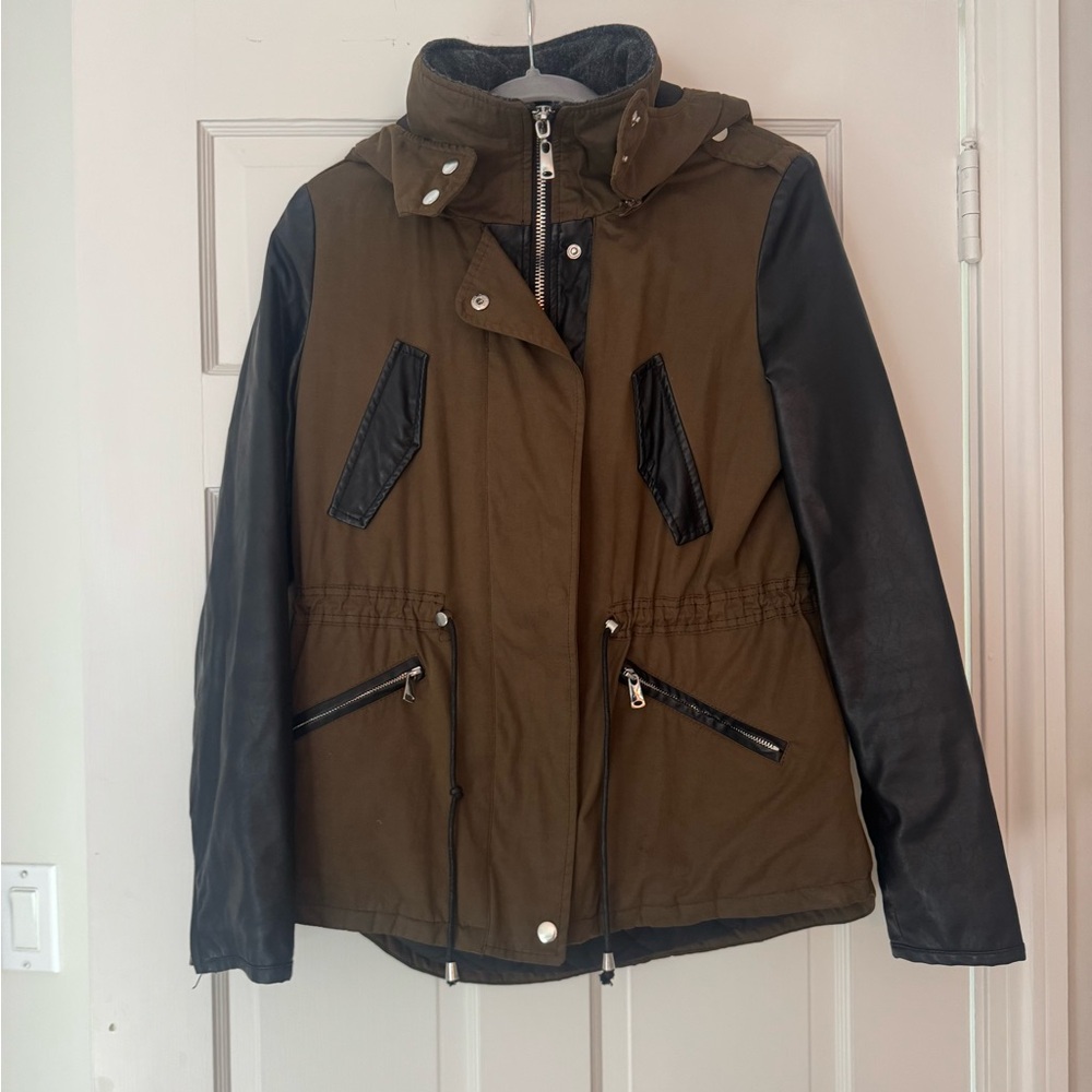 Zara Trafuc Olive and Black Utility Jacket with Faux Leather Sleeves